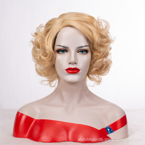 Wholesale Short Synthetic Golden Blong Afro Curly Hair Wigs With Cute Nature Wave For Women